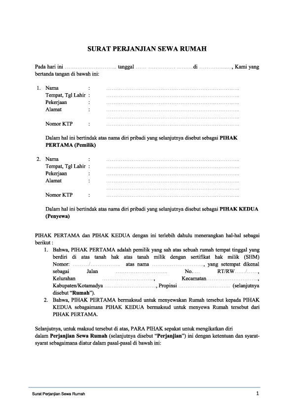 Format Surat Perjanjian Sewa Rumah